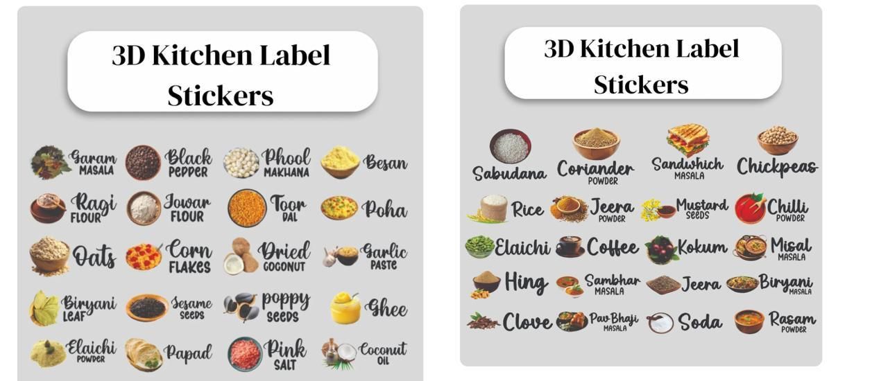 3D Waterproof Kitchen Spice Jar Label Stickers - Pack of 60